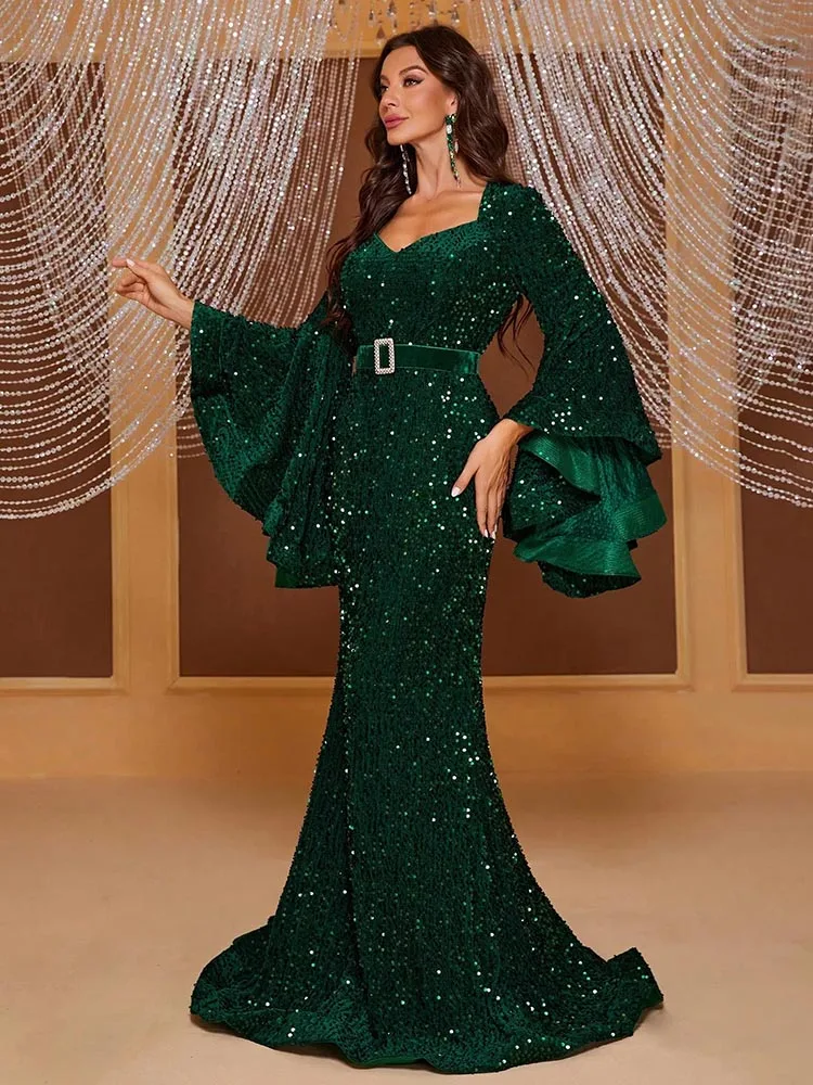 

Elegant Green Long Sleeves Sequined Belt Mermaid Trumpet Formal Wedding Guest Evening Prom Dresses Cocktail Birthday