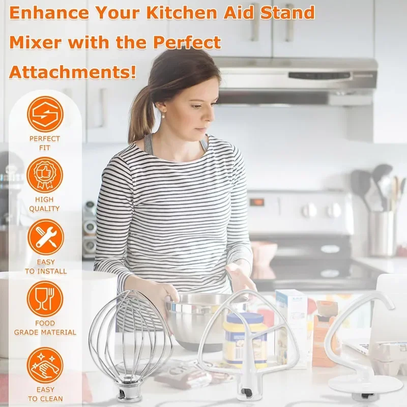 Stand Mixer Attachment Set of 3-Wire Whip / Dough Hook / Mixing Paddle Fit For Kitchenaid Mixers mixer accessories
