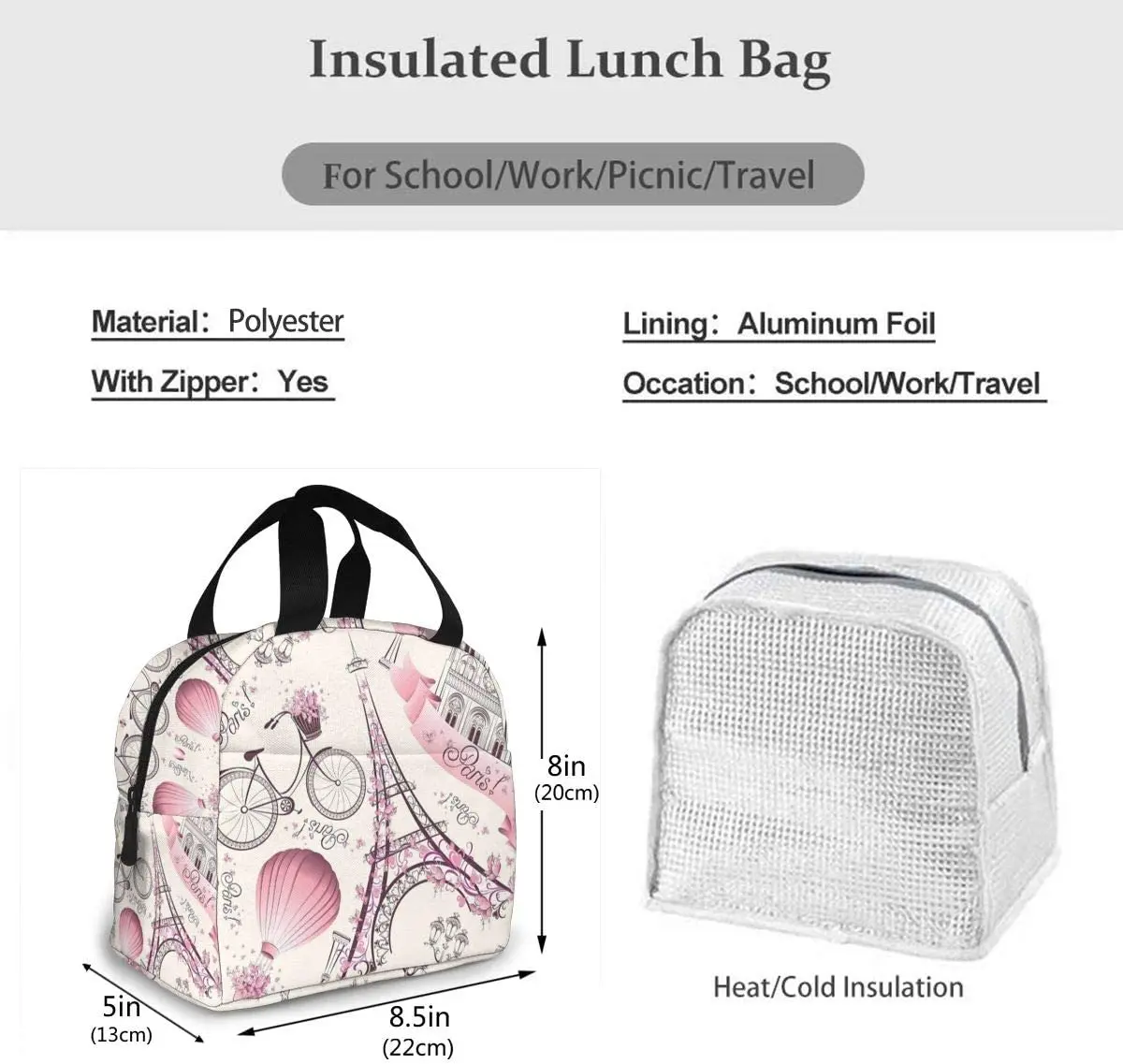 Pink Paris Eiffel Tower Lunch Bag For Picnic Pouch Thermal Cooler Tote Bento Large Meal Prep Cute Bag Big Leakproof Soft Bags
