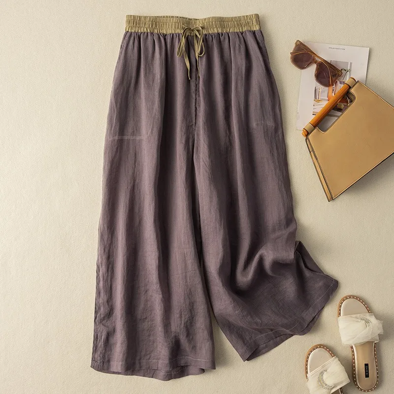 

2023 New Summer Fashion Vintage Solid Color Comfortable Cotton Hemp Loose Elastic Waist Cropped Wide Leg Casual Pants for Women