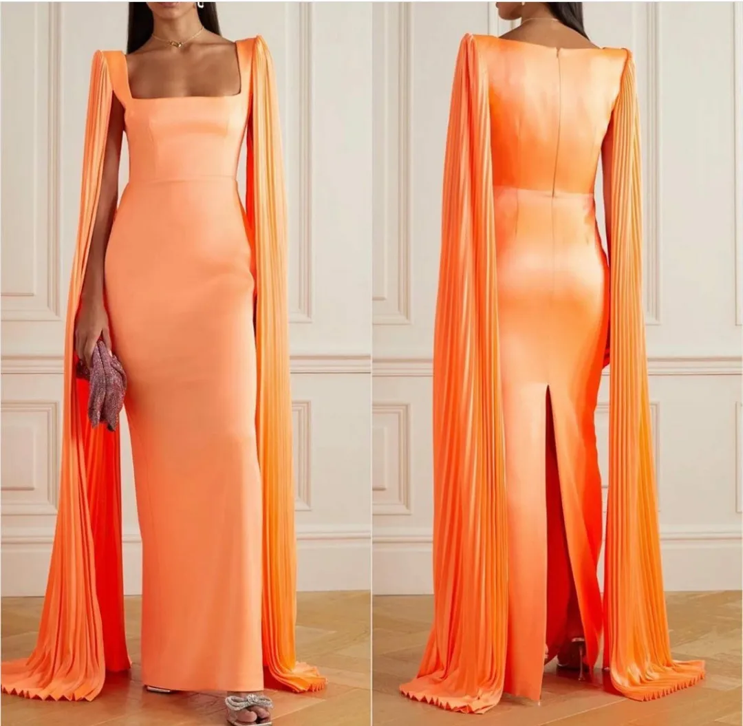 

Long Long Sqaure Neck Evening Dresses With Cape إفننغ دريسس Sheath Pleated Floor Length Prom Dress Robes de Soirée for Women
