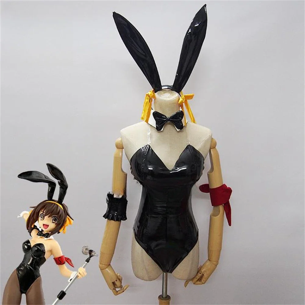 

Customsized Suzumiya Haruhi Nagato Yuki Bunny Girl Cosplay Costume Black Leather Jumpsuits Clothes Sexy Cosplay