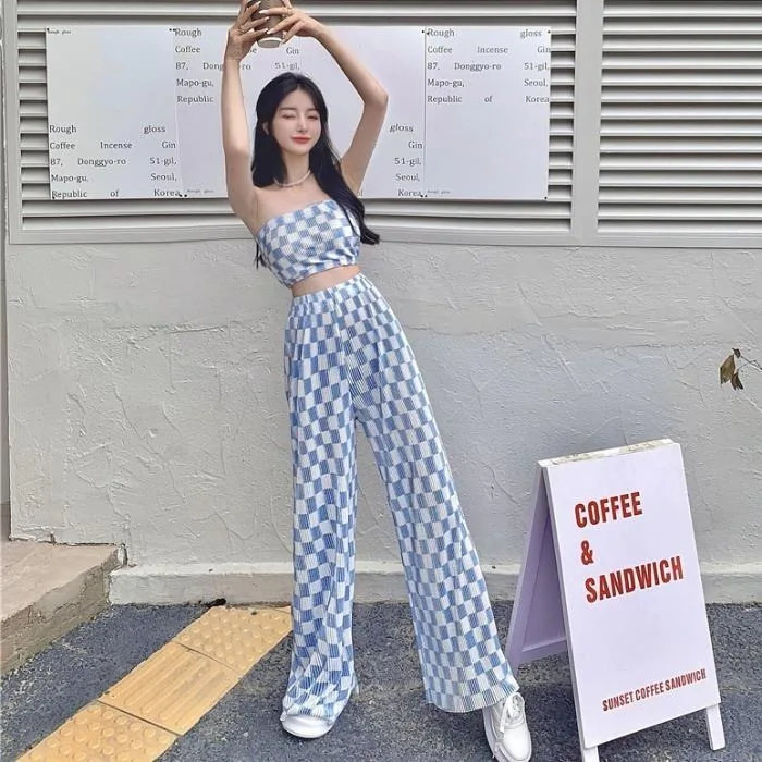 2024 Summer New Spicy Girl Short Sexy Bra Open Waist Tank Top with Checkered Pleats Comfortable Casual Women's Wide Leg Pants