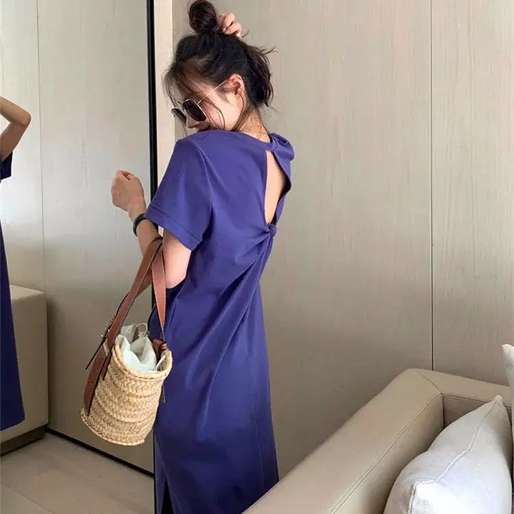 Casual Backless T Shirt Dress Summer New Round Neck Short Sleeve Solid Color Loose Midi Dress Fashion Trend Women Clothing