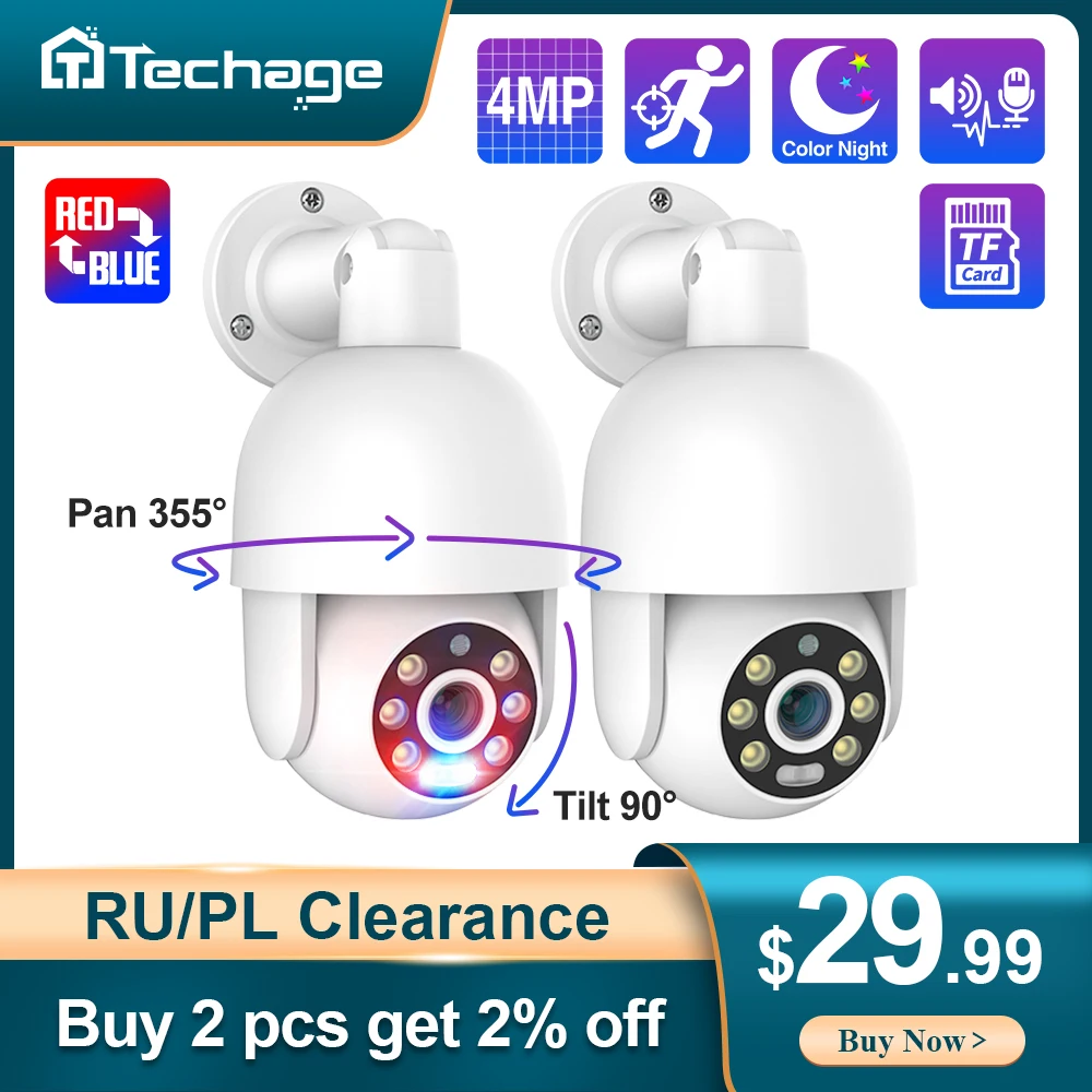 Techage HD 4MP POE IP Camera PTZ Outdoor Camera Two-way Audio Full Color Night Human Detection CCTV Video Surveillance System