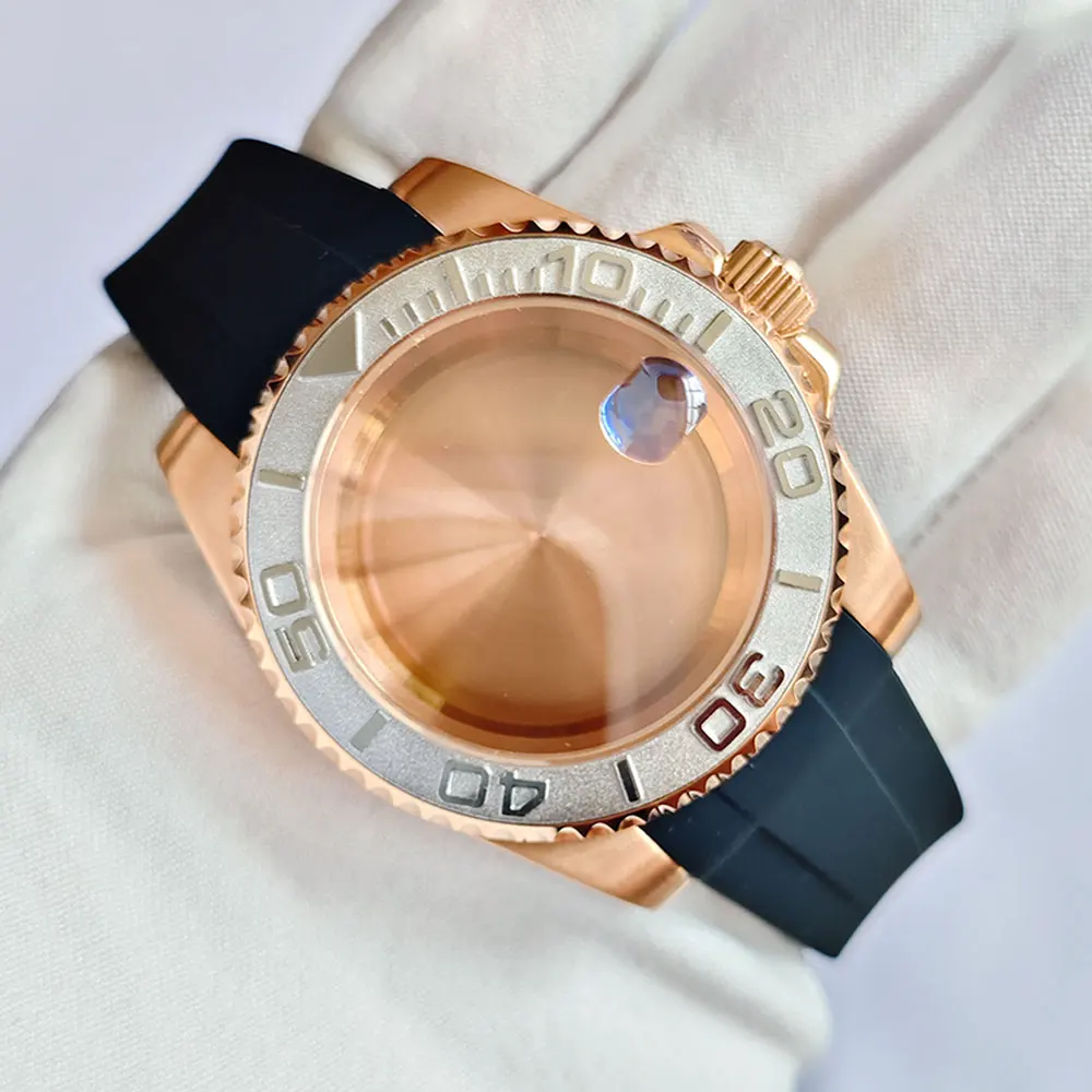 Rose Gold 40mm GMT SUB Watch Case with Silicone Strap and Sapphire Glass