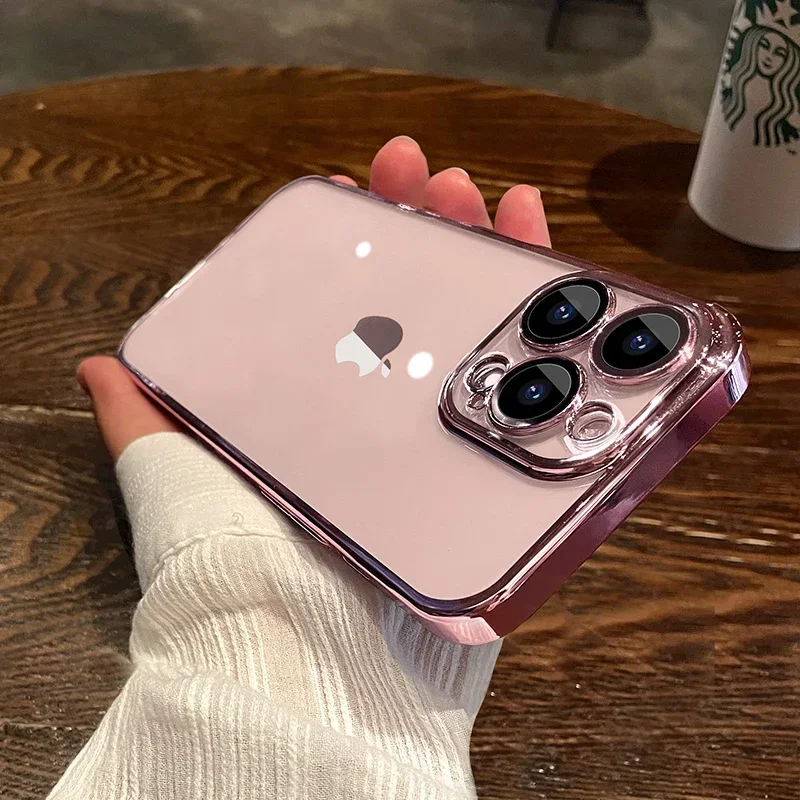 Luxury Plating Clear Phone Case with Full Lens Protector and Silicone Cover