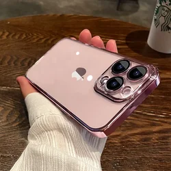 Luxury Plating Clear Phone Case with Full Lens Protector and Silicone Cover - iPhone 17 (Pink)