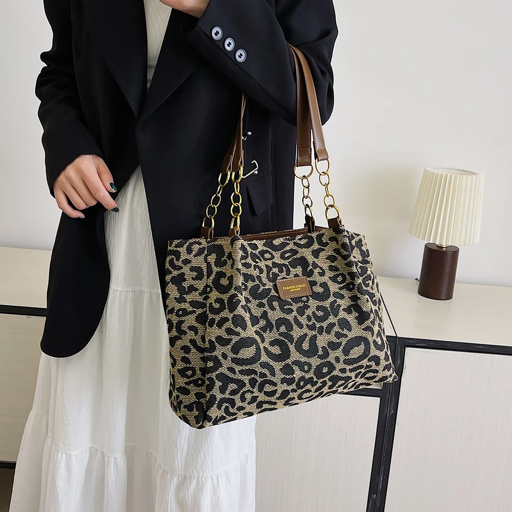 Women Shoulder Bag Leopard Print Canvas Handbag Multi-Pockets Underarm Bag for School Work Shopping