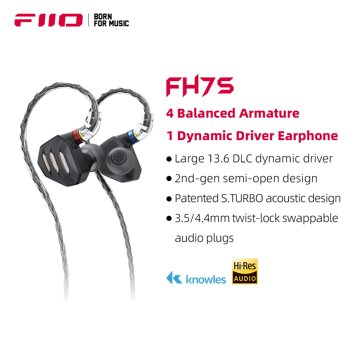 FiiO FH7/FH7S In-Ear Earphones High-Performance 1DD+4BA Hybrid Technology IEM Earbuds with 3.5/4.4mm Plug