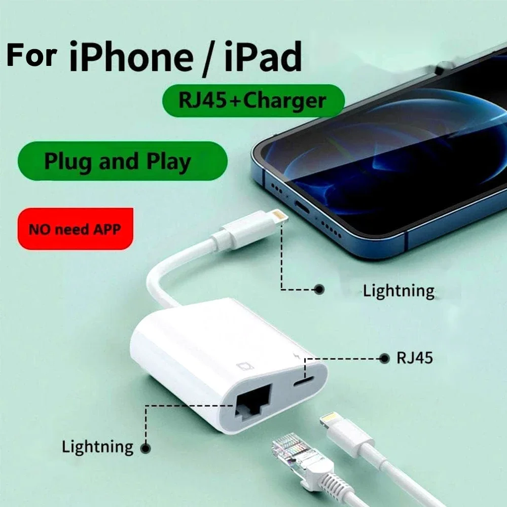 10/100Mbps Internet RJ45 for Lightning iPhone 14 13 12 11 8 7 6 5 /iPad/iPod Ethernet LAN Network Adapter with Charging Adapter