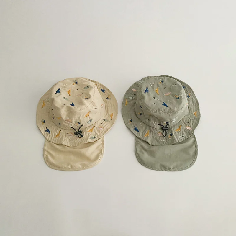 Cartoon Embroidery Kids Hat with Shawl Summer Boy Girl Sun Protection Panama Hats Cute Dinosaur Baby Fisherman Cap 2-5 Years Old