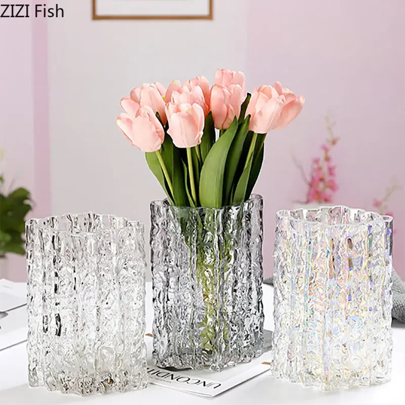 Transparent Glacier Wrinkle Glass Vase Hydroponics Flower Pots Desk Decoration Flowers Arrangement Floral Vase Modern Home Decor 4