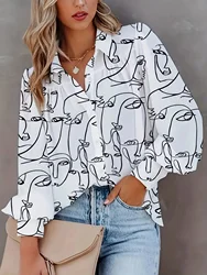 Women's Casual Long Sleeve Abstract Printed Shirt New Office Womens Elegant Slim Button Down Shirt 2023 Spring Chunky Lapel Tops