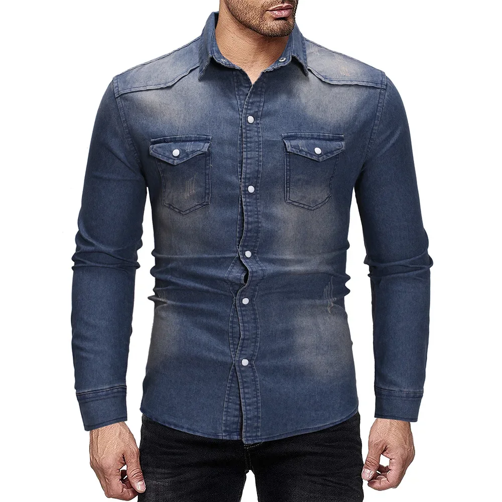 Men Denim Shirt Cotton Jeans Overshirt Slim Fit Long Sleeve Gray Washed Cowboy Shirts Tops M-3Xl