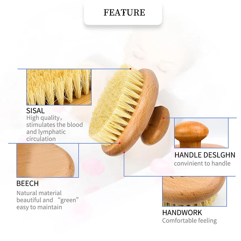 Sisal Bristles Round Bath Shower Body Exfoliating Brush Natural Beech Wood Handle Dead Skin Remover Back Scrubber Massage Tool 3