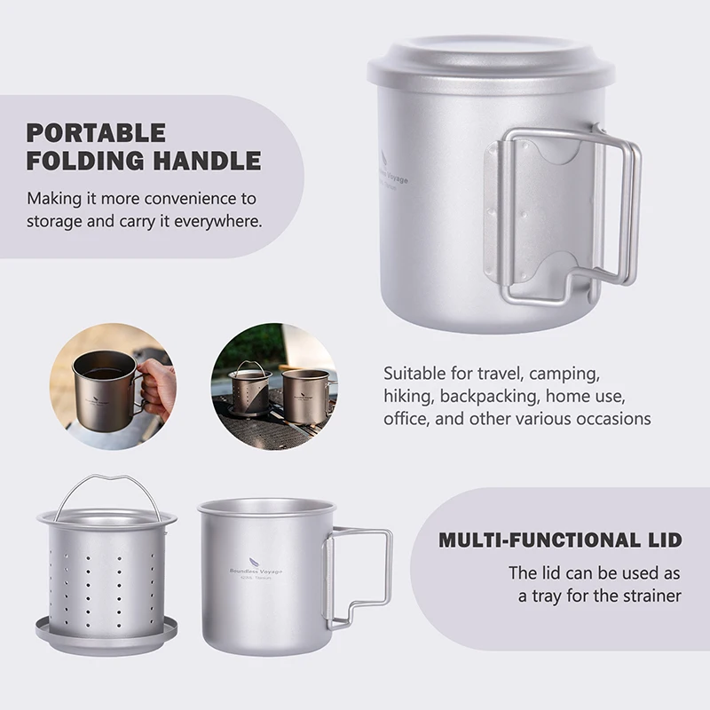 Description Picture 4 of itemBoundless Voyage Camping Titanium Cup Portable Outdoor Mug with Filter Ultralight Camping Picnic Water Coffee Cup 420ml