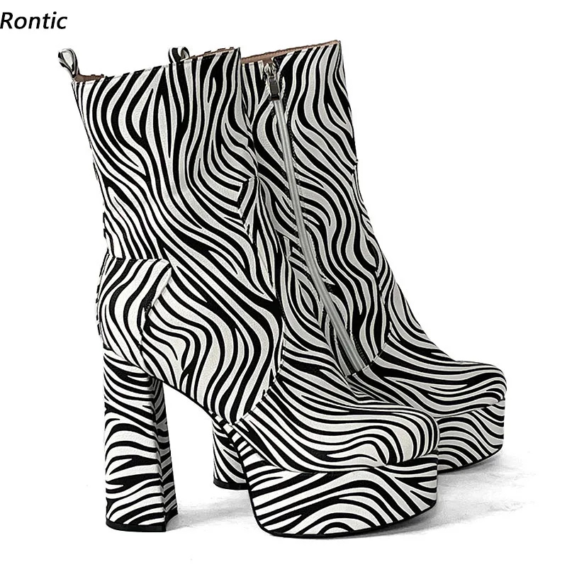 Stivaletti Invernali Da Donna Fatti A Mano Rontic Platform Zebra Hoof Heels Punta Tonda Bellissime Scarpe Da Festa Bianche Taglia Usa 5-20