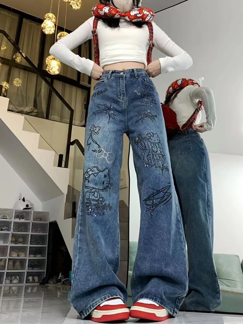 산리오 헬로 키티 청바지, 그래피티 프린트 바지, Y2k 바지, 학생 캐주얼 헐렁한 바지, 워싱 디자인, 루즈 힙합 스웻팬츠
