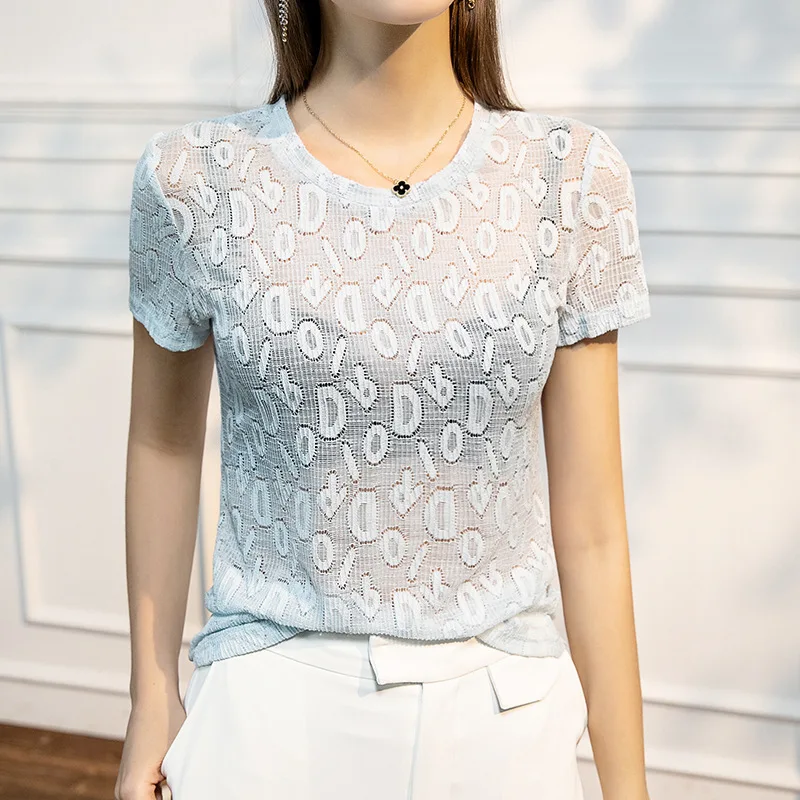 

HIgh Quality 2024 Women Tops Lace Letter Design Spring Summer T-shirt Female Clothing Sexy Crop Top Clothes Casual Blouse Y2k