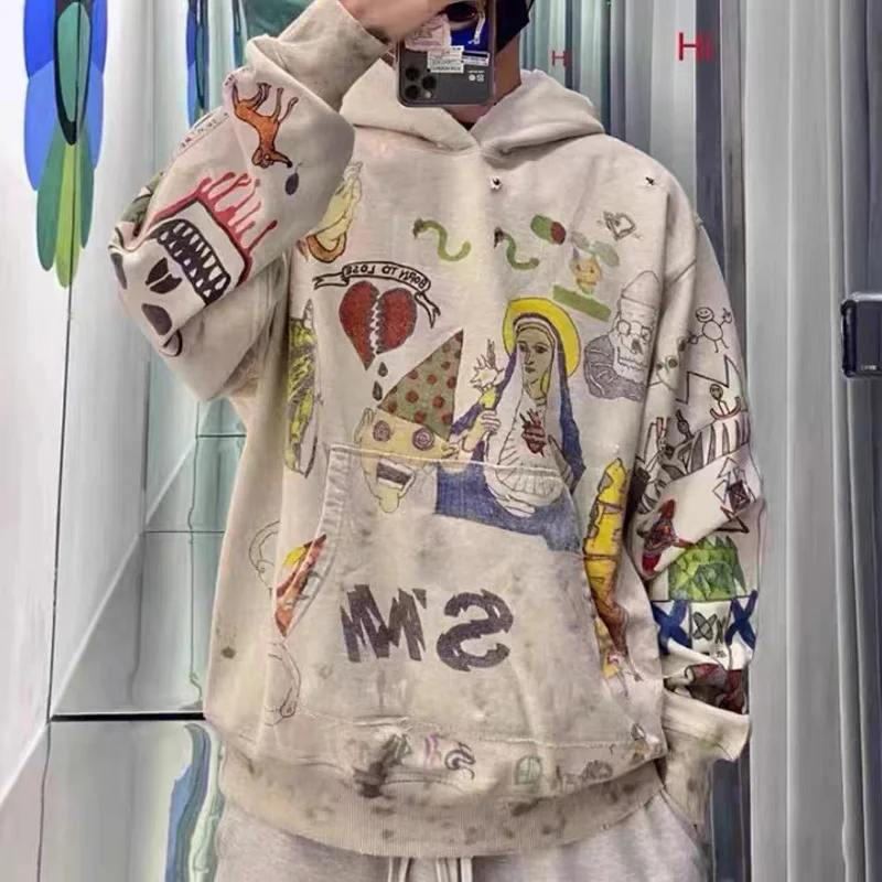 

Spotted Saint Michael Hip Hop Hand Painted Graffiti Hoodie Men Women Vintage Washed Clothes Loose Sweatshirts Hooded Pullover