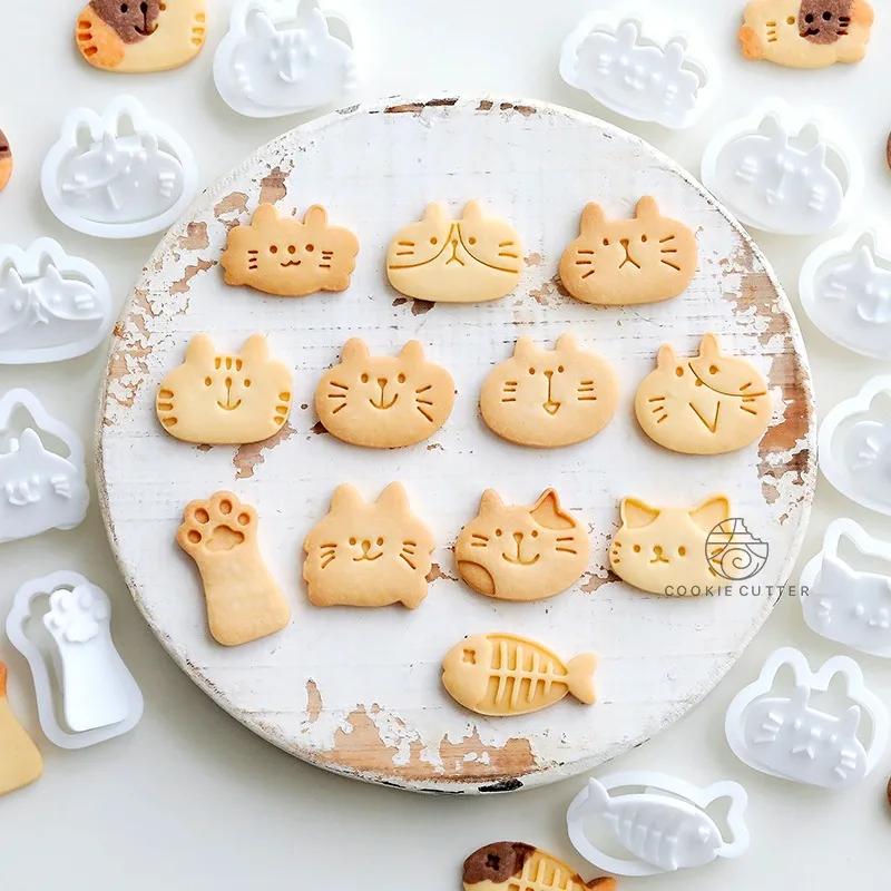 Mini Cat Cookie Mold Set Cartoon Cat Claw Fish Bone Shape Cookie Stamp Fondant Cake Decoration Tools 3D Hand Pressure Plastic cookie cutter baking mold cookie mould cookie printing mold fondant cutter baking decorating tools cookie maker press kit