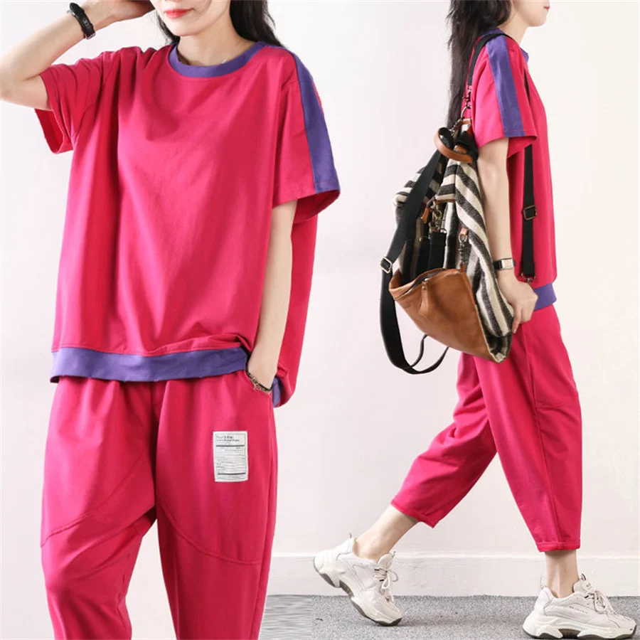

Women's Casual Sports Suit 2023 Summer New Solid Color Loose Hooded Short Sleeved Sweater Pants Two Piece Set Outfits 5XL