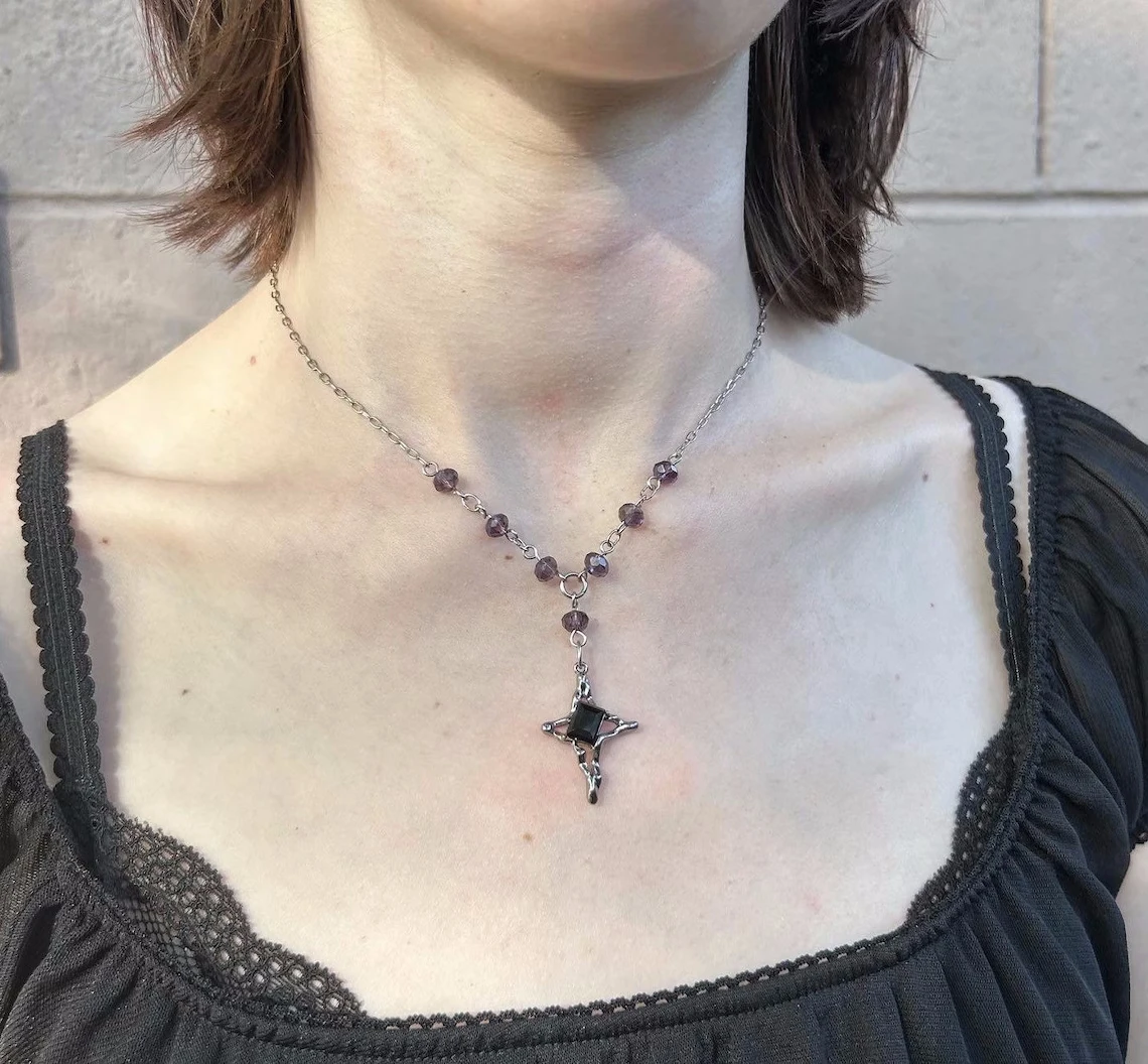 Lariat Rosary beaded necklace with Black Star pendant