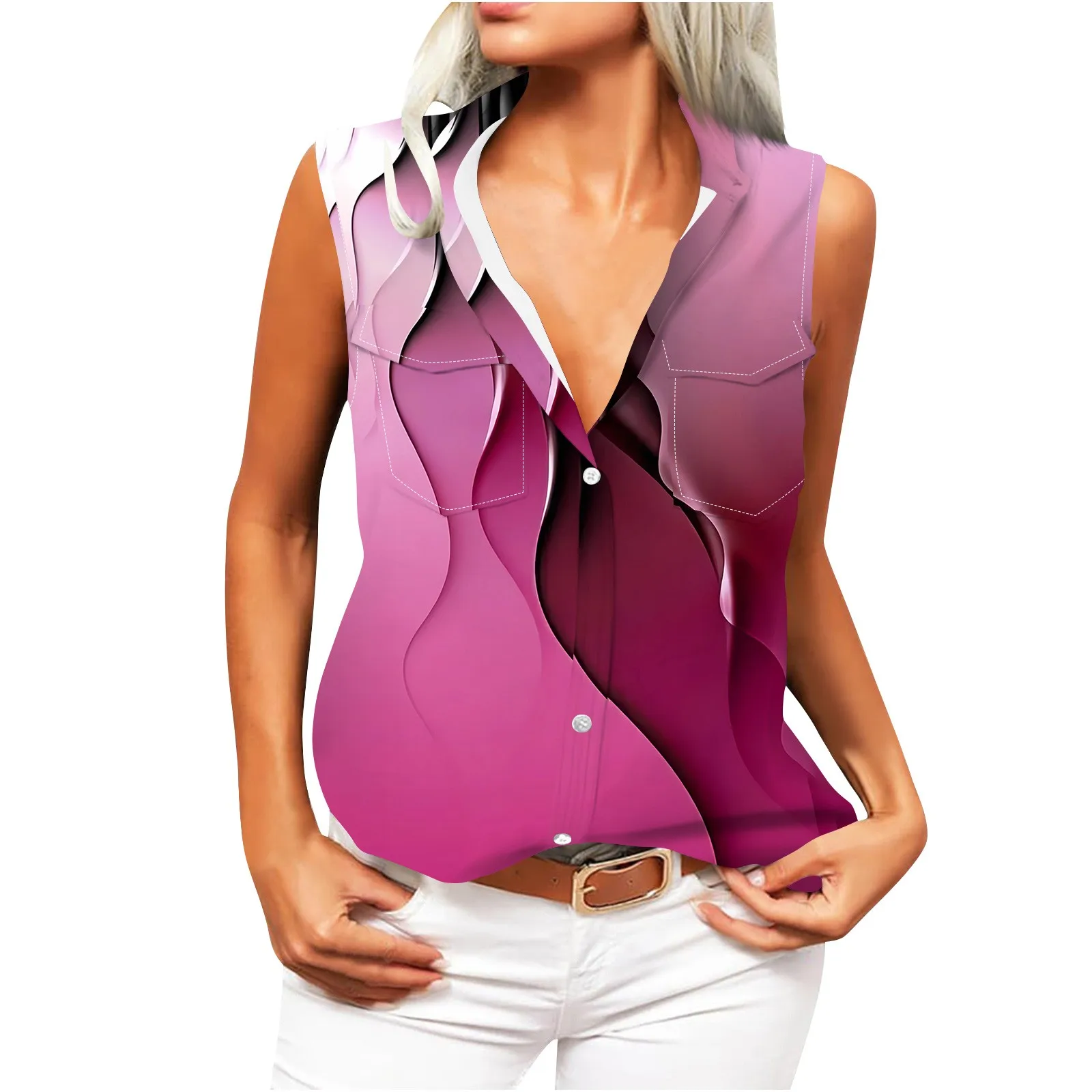 

Women's Print Lapel Sleeveless Tank Tops Summer Button Down Shirts Ladies Shirts ropa de mujer топ женский футболка 티셔츠#