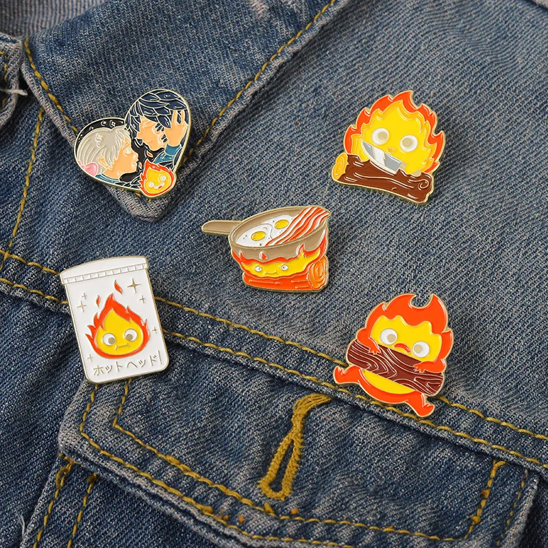 Calcifer Enamel Pin Custom Fire Elf Japanese Anime Brooches Anime Brooch Lapel Badge Cartoon Jewelry Gift for Kids Friends