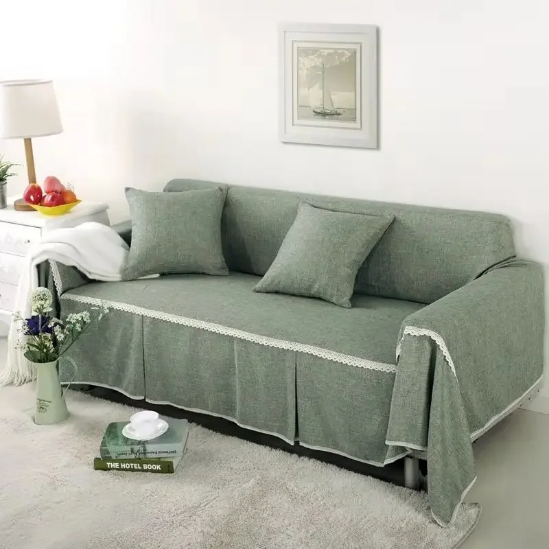 

1/2/3/4-seater Sofa Cover for Living Room Solid Color Lace Edge Sofa Towel All-inclusive Dust Couch Cover Solid Slipcover