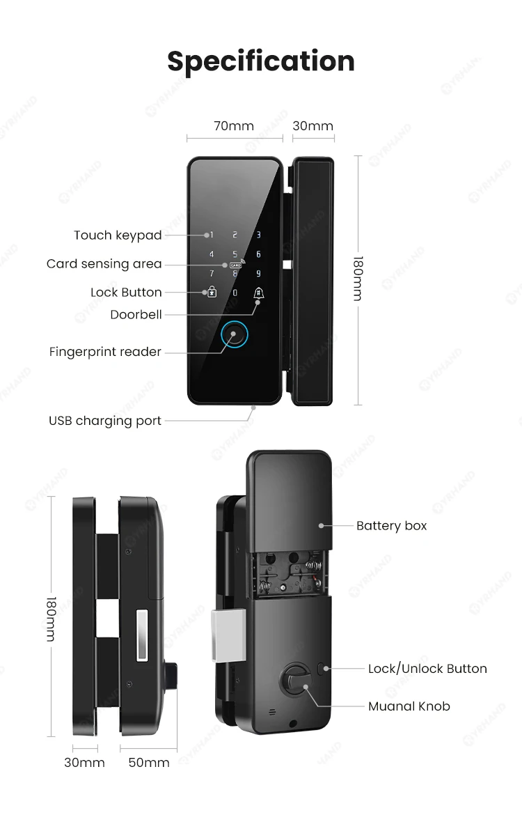 Tuya APP Smart Biometric Electronic Glass Door Fingerprint Lock Bluetooth Lock 1