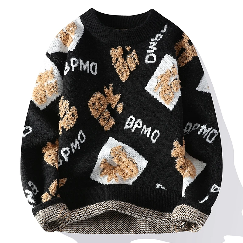 Mink Fleece 2023 Autumn and Winter Men's Pullover Round Neck Printed Letter Fashion Loose Sweater Knitted Long Sleeved Tops