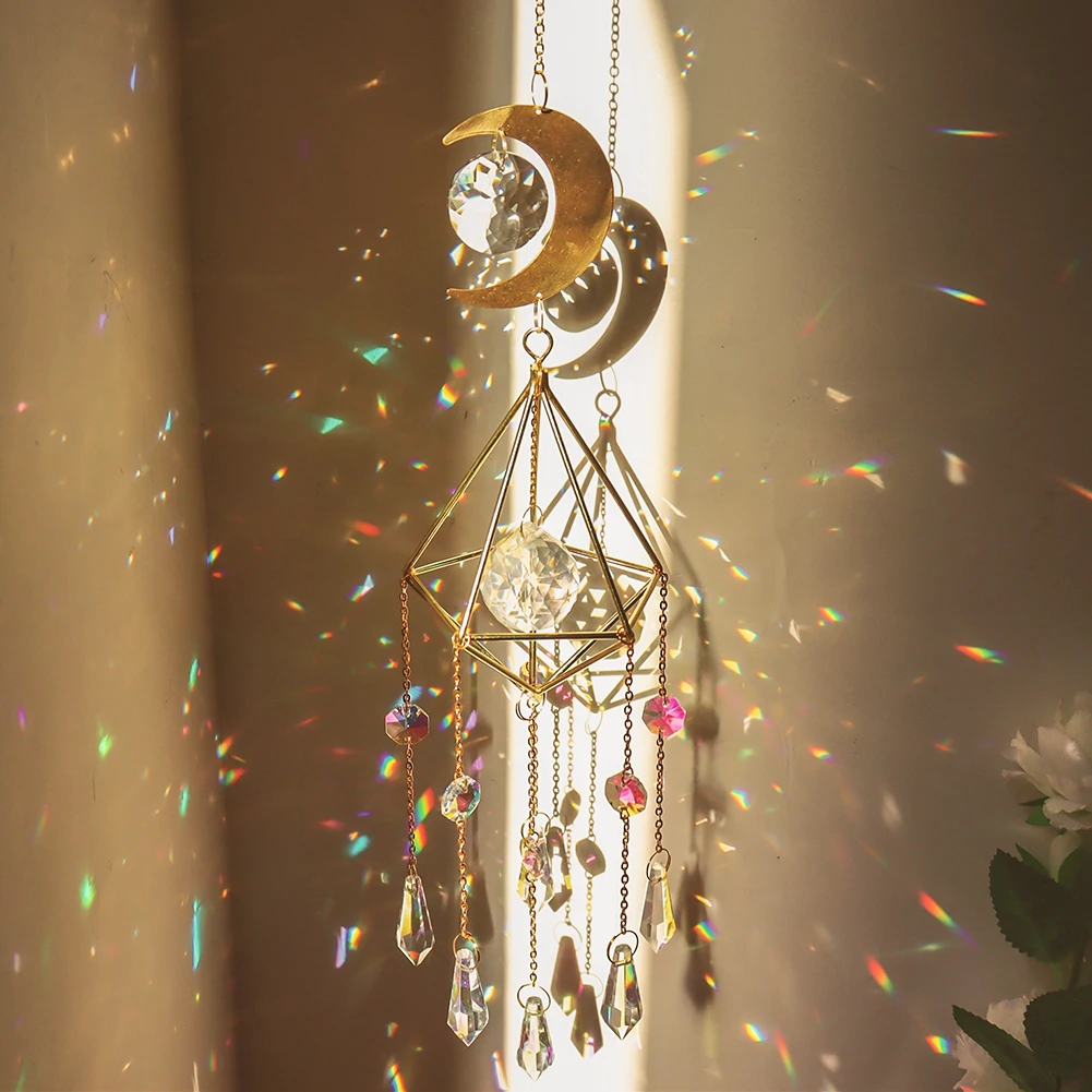 Hanging Sun Catcher Crystal Teardrop Chandelier Wind Chime Prism Suncatcher Rainbow Maker Light Catcher Window Garden Decoration