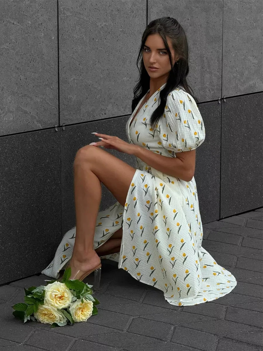 Women's Loose Fit Cotton Blend Maxi Dress with V-Neck & Short Sleeves S8487dc6cda894afea4caaab30d335570p