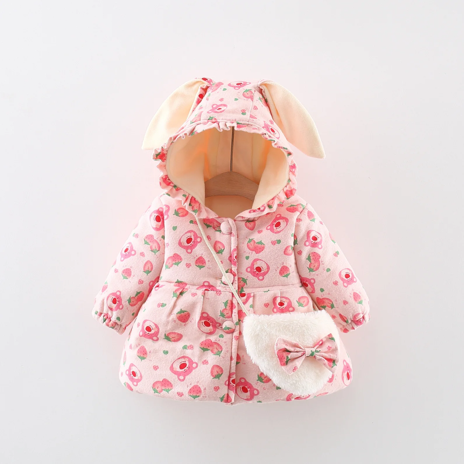 Baby Girl'S Cotton Coat Winter Teddy Bear Long Ear Cotton Coat Jacket Cute Strawberry Girl'S Clothing