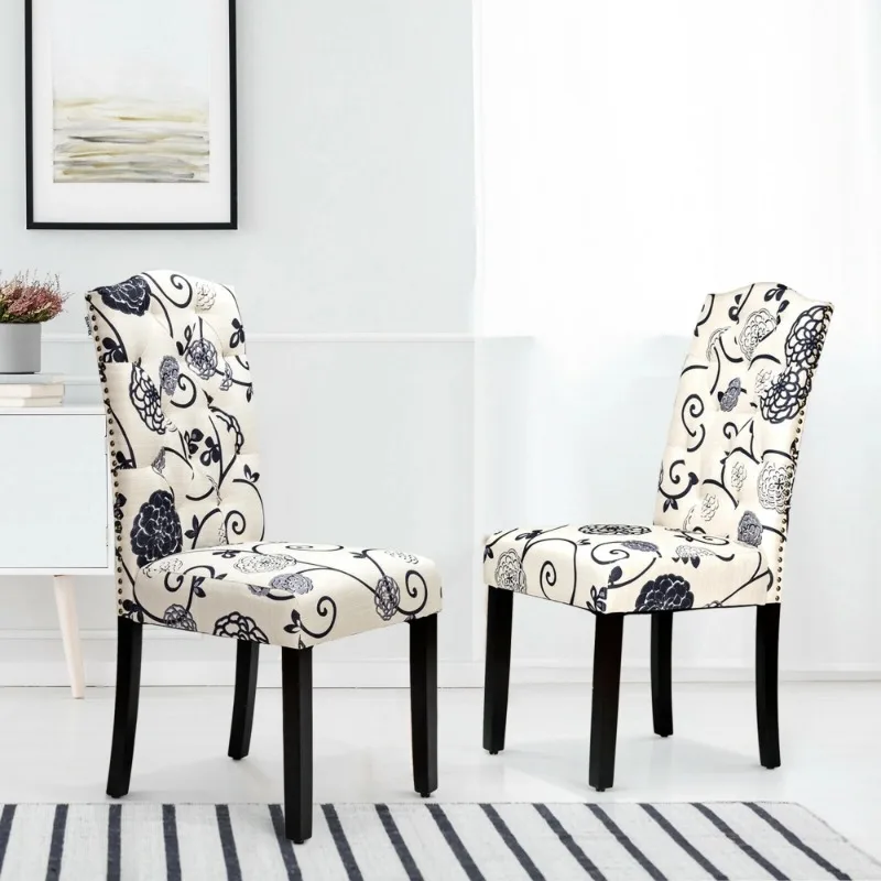 Set of 2 Tufted Dining Chair Upholstered Nailhead Trim Rubber Wooden Leg 3