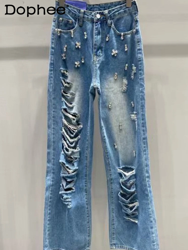

American High Street Heavy Industry Beads Ripped Stretch Cotton Jeans for Women Spring Autumn New High Waist Slim Flare Pants