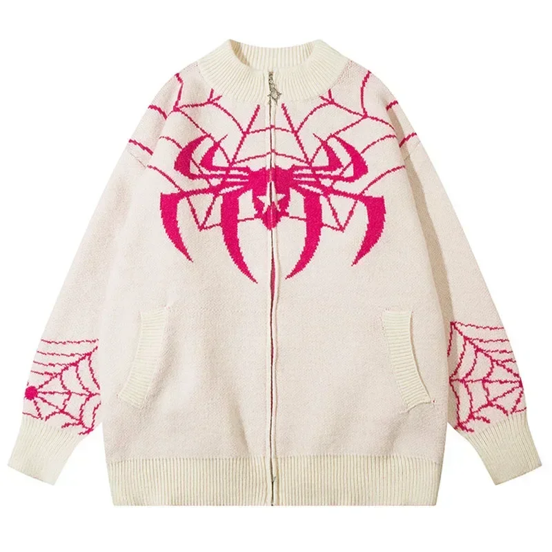 

Autumn Zipper Cardigans Sweaters for Men Women Loose Knitted Jumpers Streetwear Harajuku Street Spider Letter Print Sweaters