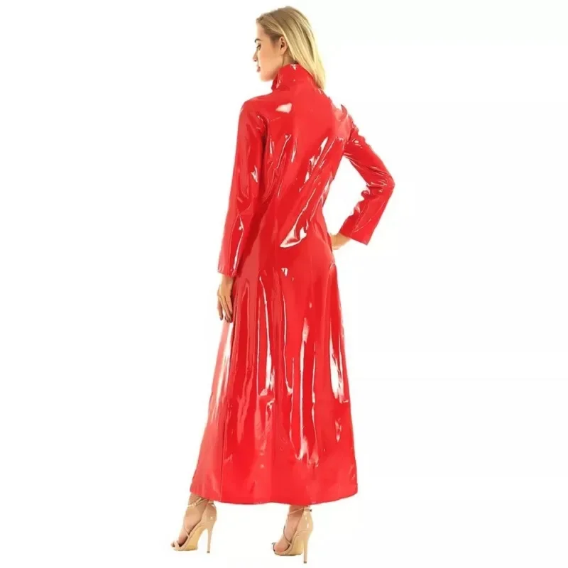 Red Sexy Fashion Stand Collar PVC Leather Dress Women Fashion Streetwear Long Sleeve Party Dresses Woman Dress Female Robe