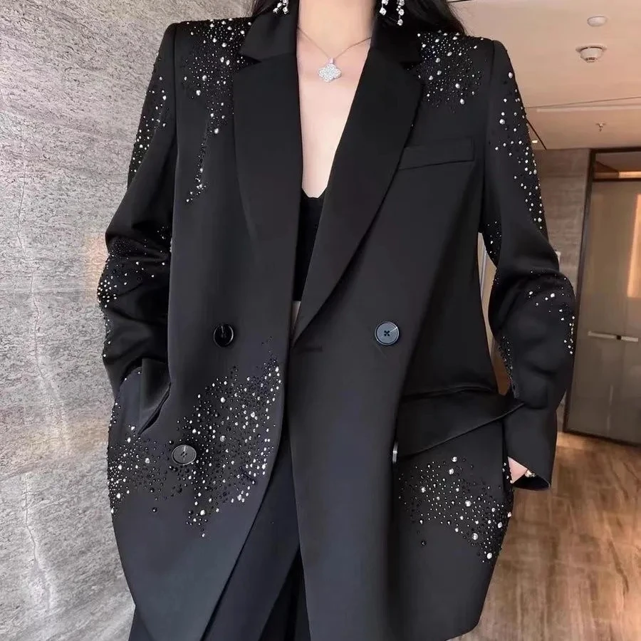 2024 printemps automne nouveau manteau costume couleur unie populaire Double rangée clouté diamant paillettes blazers amples