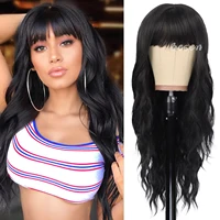 Synthetic Long Black Wig with Bangs Wavy Bang Black Wigs for Women Long Curly Heat Resistant Black Wig Cosplay Selena Black Wig