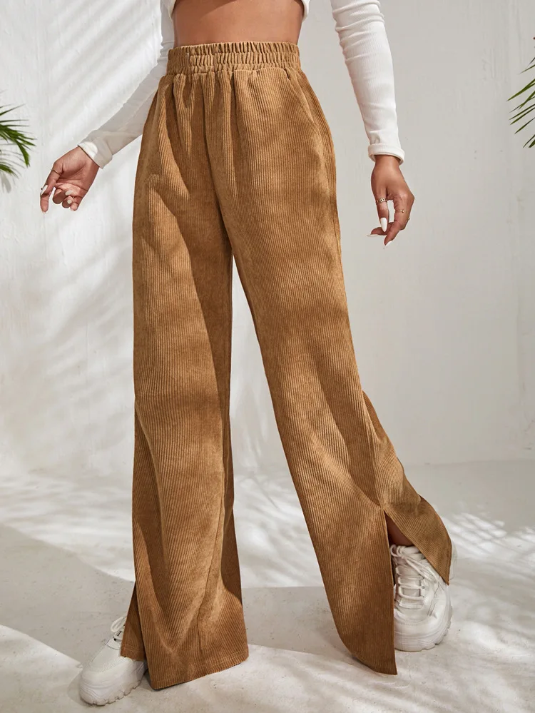 

New Wide-leg Pants Women's Corduroy Pants Casual High Waisted Splicing Trousers Female Split Hem Wide Leg Pants Trouser