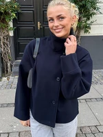 Mode court manteau en laine femmes col montant simple poitrine manches longues veste ample femme 2025 automne solide bureau dame vêtements d'extérieur 4