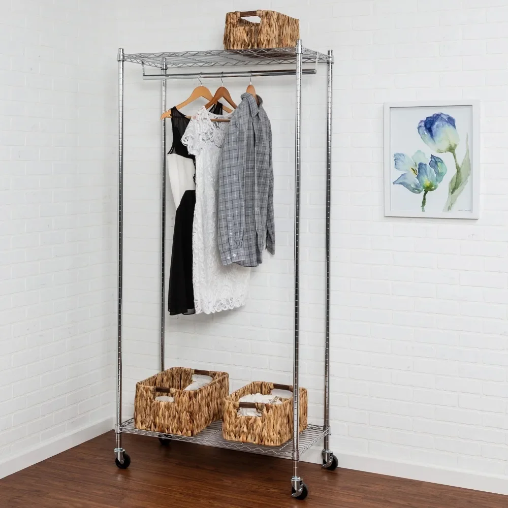 

Clothes Rack with Adjustable Bar, Steel Heavy Duty Rolling Clothes Racks with 2 Shelves, Rack wardrobe