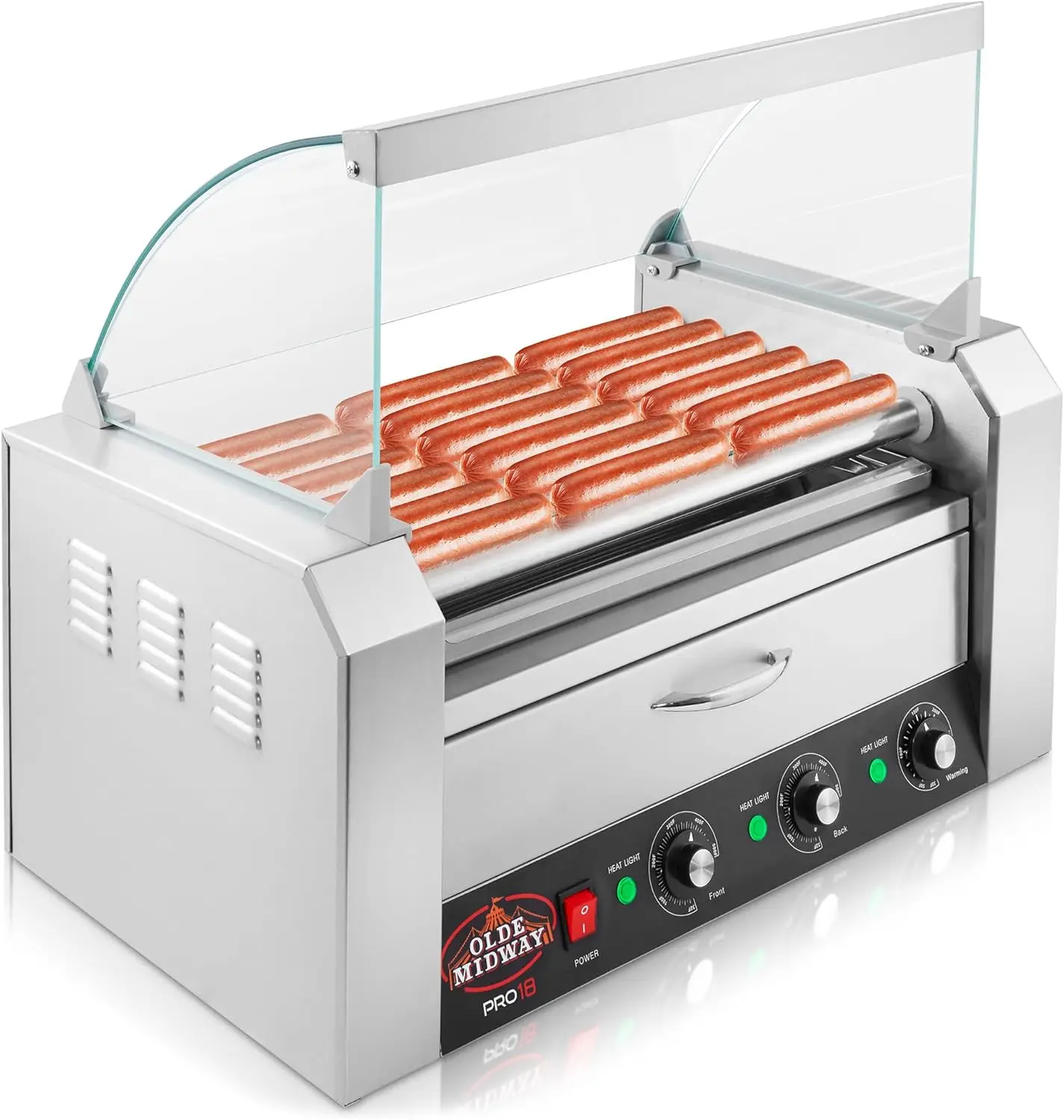 Electric 18 Hot Dog 7 Roller Grill Cooker Machine with Bun Warming Drawer and Cover-Commercial Grade, Stainless Steel