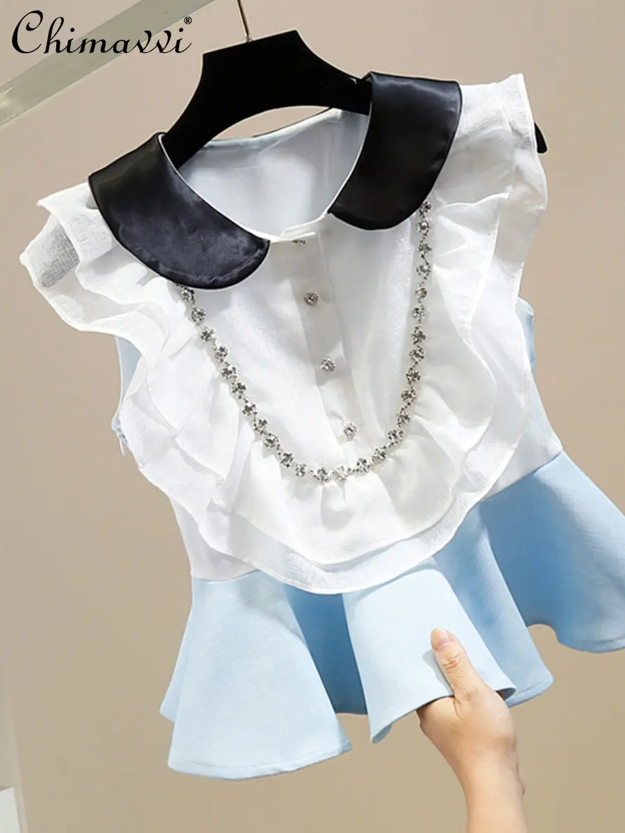 

Exquisite Rhinestone Fashion Color Contrast Stitching Sweet Shirt Elegant 3D Ruffled Sleeveless Pullover Slim Fit Short Blouse