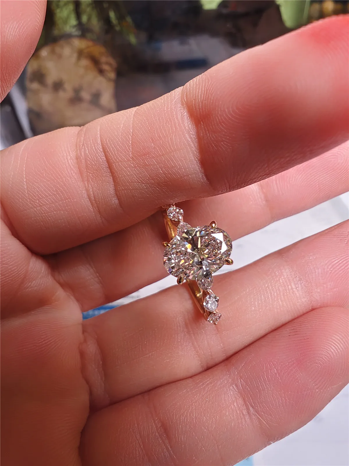 18K Solid Gold Lab-Grown DiamondOval 4CT E VVS2 Engagement Ring Accented with Marquise Diamonds, Custom Platinum Engagement Rin 3