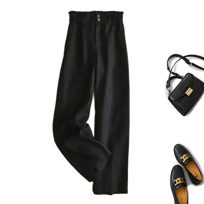 Pantalones holgados de pierna ancha para mujer, ropa básica informal de lino liso, elástica, de cintura alta, hasta el t