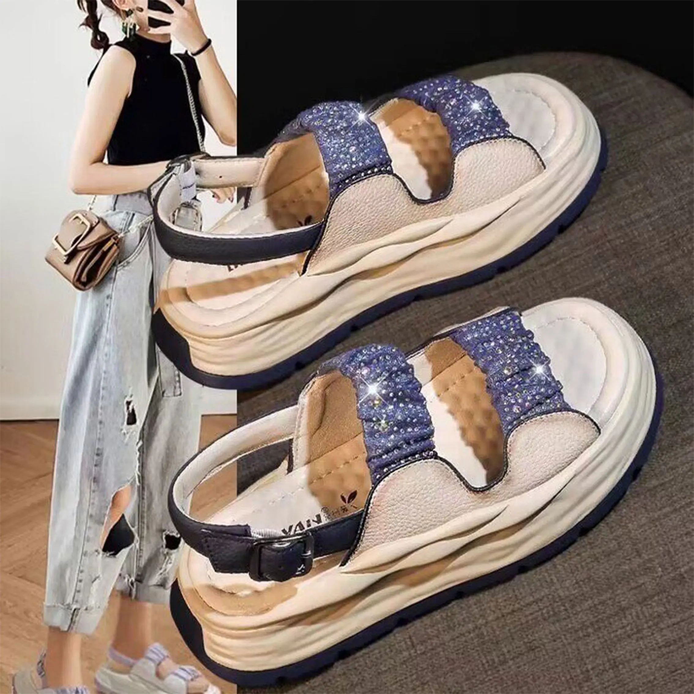 

Round head thick sole casual all-in-one sandals summer rhinestone flat sandals for women